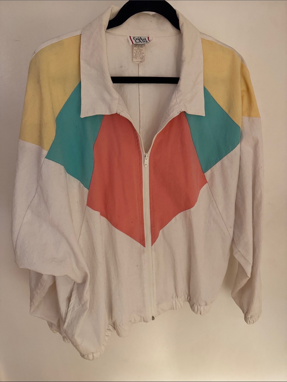 Vintage - Retro White Jacket with Coral, Teal & Pale Yellow Color Block